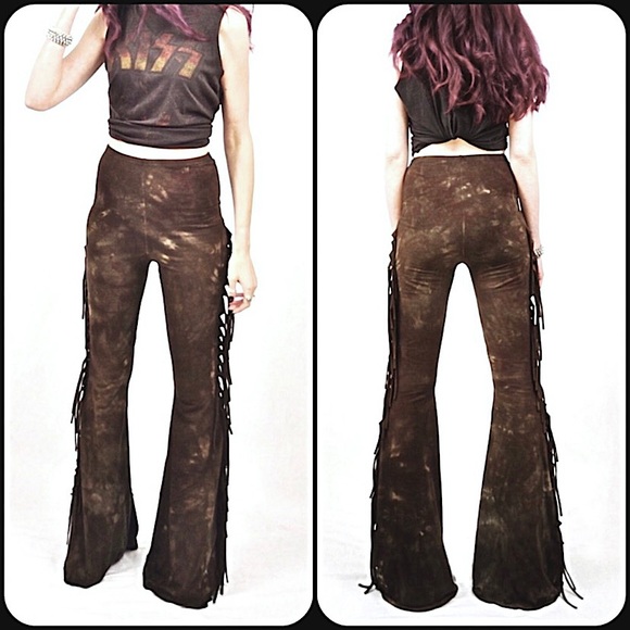 REGULAR LENGTH High Waisted Fringe Bell Bottoms in BROWN TIE DYE Boho Festival - Picture 5 of 8